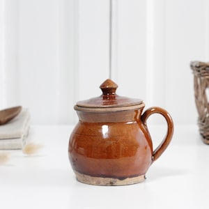 Taza pequeña de gres vintage de estilo provincial francés con tapa, olla de confitura de gres semiesmaltado, decoración de granja