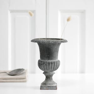 Può includere: Un vaso a forma di urna grigio consumato con un corpo scanalato e una base quadrata. Due steli secchi e soffici si alzano dal vaso. Un cucchiaio poggia su un tovagliolo di lino beige piegato. Lo sfondo è una porta bianca.