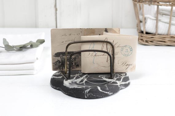 RARE Antique Art deco letter stand, black and white marbled composite base and brass tone hardware, desk organizer, document holder rack