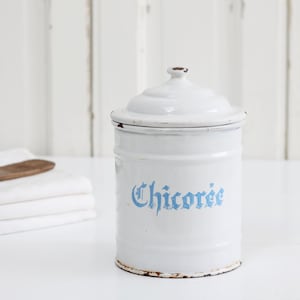 Antique French white enameled canister with aqua blue lettering, enameled pot with lid Chicoree, home decor farmhouse kitchen