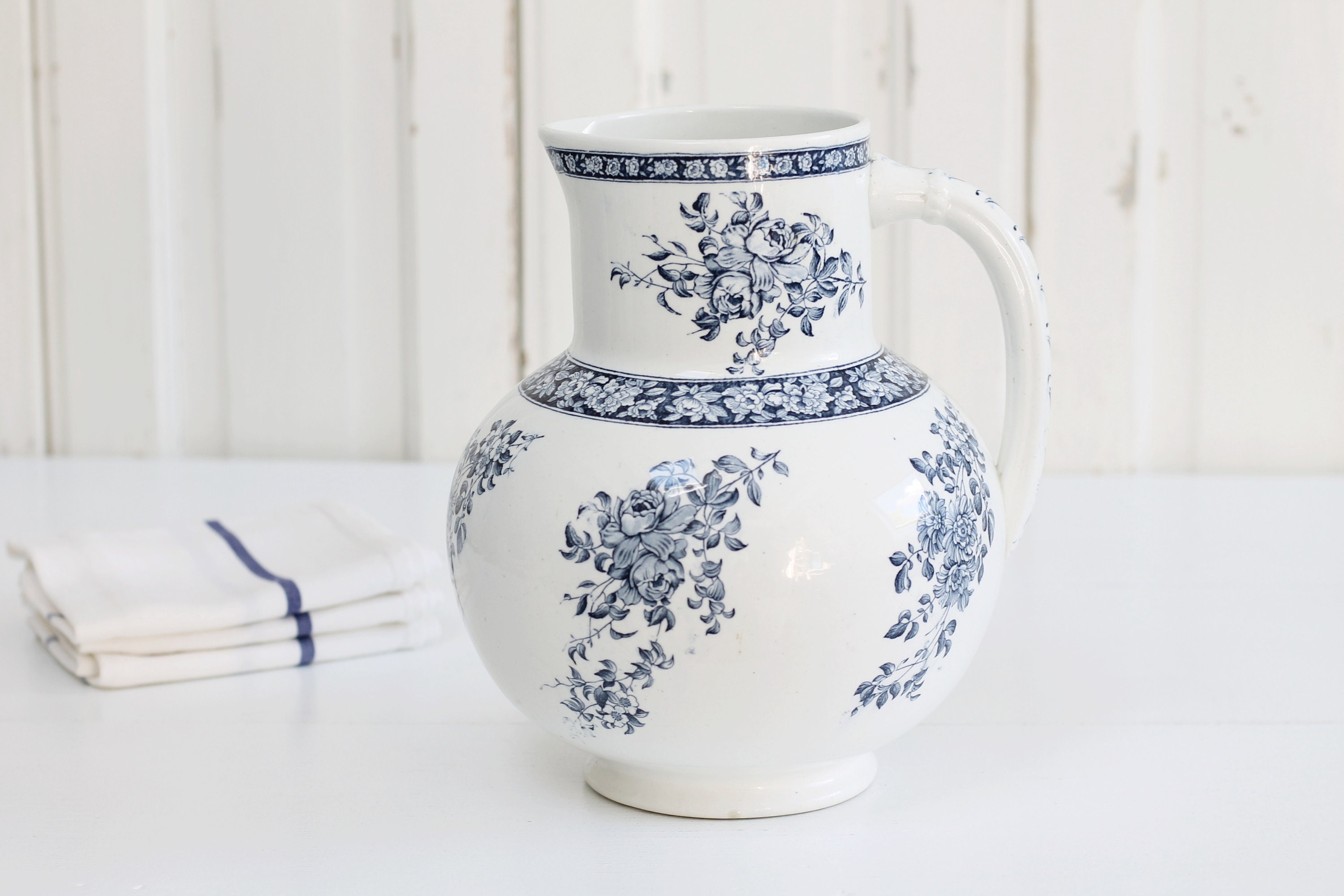 Antique Dutch Ironstone Water Pitcher White Stoneware Jug