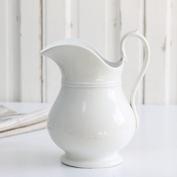 Antiker Krug aus weißem Eisenstein von Creil & Montereau, alter Keramik-Wasserkrug, Vintage-Wasserkrug-Vase, Kollektionen von Bauernhaus-Landdekor-Kollektionen