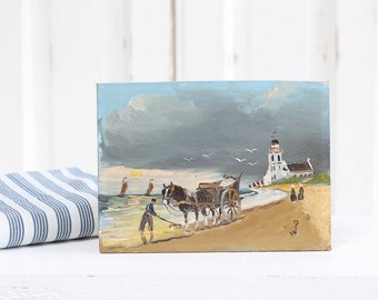 ORIGINALE dipinto a olio nautico olandese vintage, scenario marino di pescatori di conchiglie e villaggio e barche a vela in lontananza, arredamento da parete della fattoria
