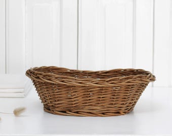 Cesta de mimbre tejida primitiva holandesa antigua, pequeña cesta de almacenamiento ovalada, cesta hecha a mano - Decoración de casa de campo
