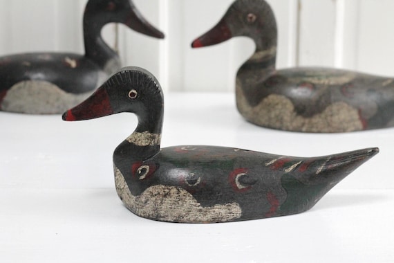 Antique primitive wooden decoy duck w painted eyes, vintage European carved wood folk art duck, hand painted bird statue, rustic decor