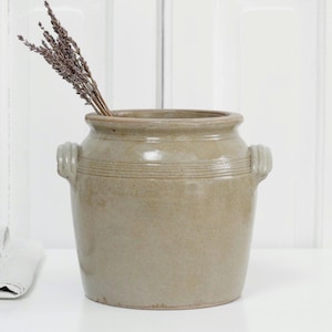 Vintage French large beige salt glaze crock with handles, old handmade stoneware jar, gres confit pot, French Provincial kitchen decor gift