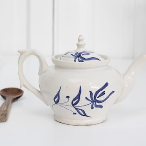 Vintage French small white ironstone teapot with blue hand painted decor, double-serve teapot or coffee pot, Farmhouse kitchen decor