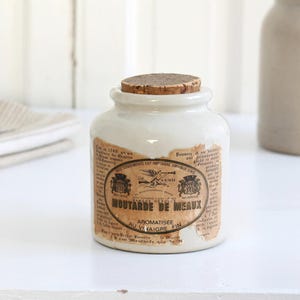 Vintage French glazed stoneware Lab Lagny mustard crock w original label, old mustard jar, French gres confit pot, Farmhouse kitchen decor