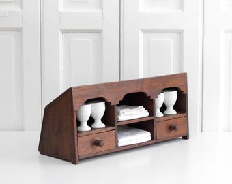 Antique small wooden trinket cabinet with little drawers, old furniture part, writing desk organizer, primitive knick knack storage shelf