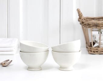 Set of 4 - Vintage small white stoneware cafe au lait coffee bowl, ironstone footed finger bowl, rinsing bowls, French Farmhouse home decor