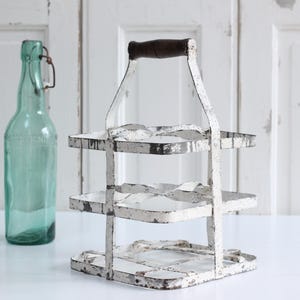 Antique French rusty and chippy white metal bottle rack, old bottle carrier, wine bottle bearer, Rustic Primitive Farmhouse kitchen decor