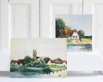 ORIGINAL Set of two Vintage Dutch watercolor paintings, landscape scenery with village, church and farmhouse along the waterline, wall decor