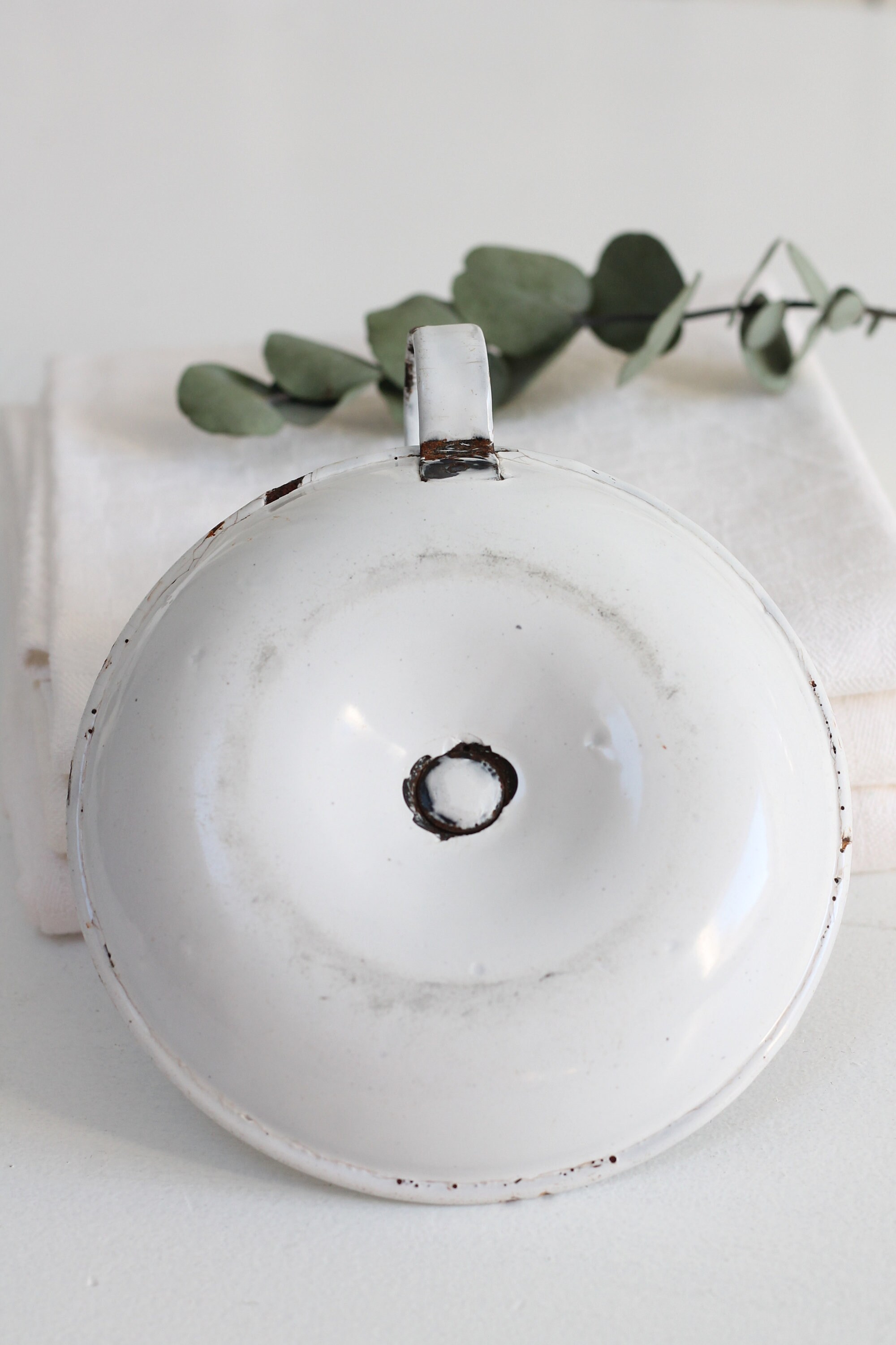 Antique White Enamel Chamberstick, Rusty French Farmhouse Candle