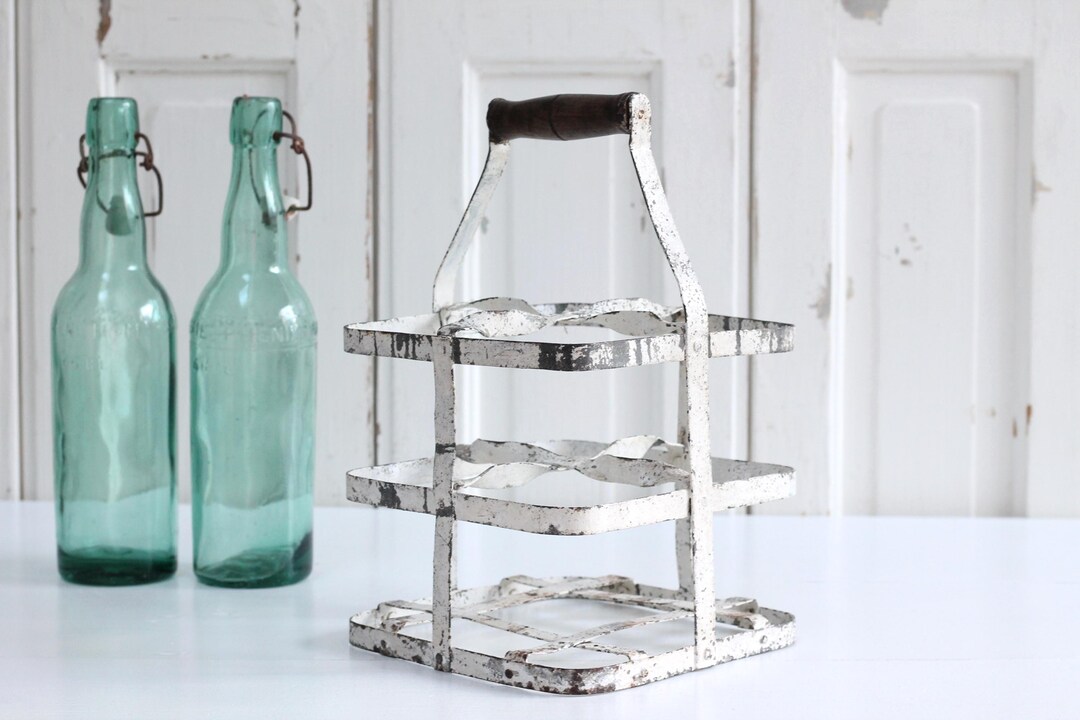 Antique French Rusty and Chippy White Metal Bottle Rack, Old