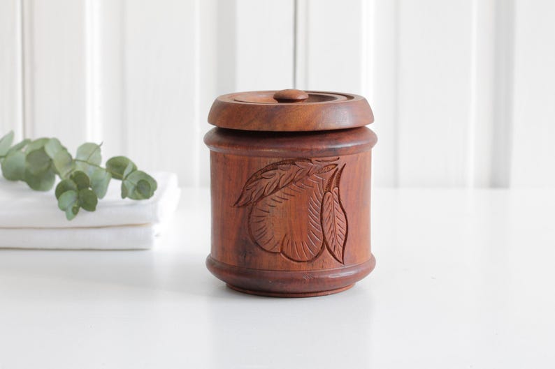 Vintage Small Wooden Lidded Canister With Pear Decor, Treen Storage ...