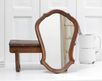 Antique small curved wooden mirror for wall hanging, organic shape frame, vanity dressing table mirror - PLS see details