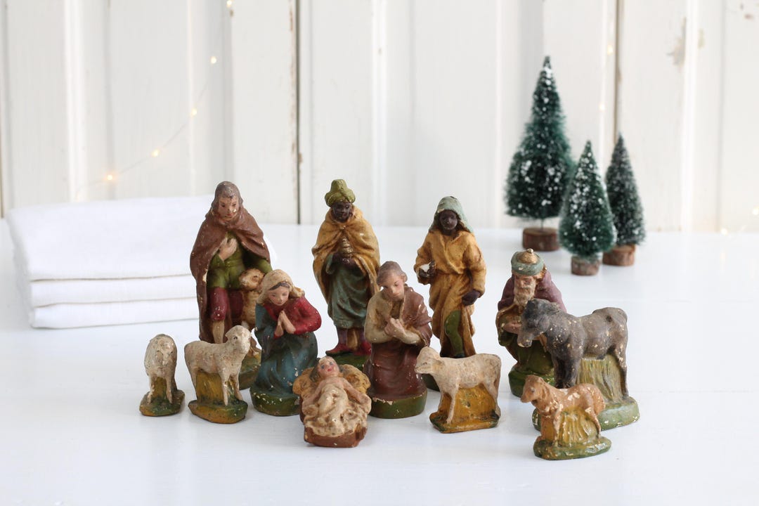 Primitive Nativity Antique Primitive Chalkware Christmas Nativity Set, Vintage German Hand ...