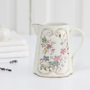 Antique creamware floral milk jug, ironstone milk creamer, small flower vase pitcher, French Provincial decor