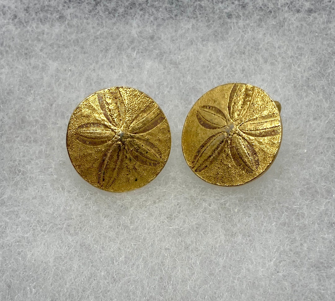 Trifari, Vintage, Gold-tone Sand Dollar Earrings, Signed Clip-on