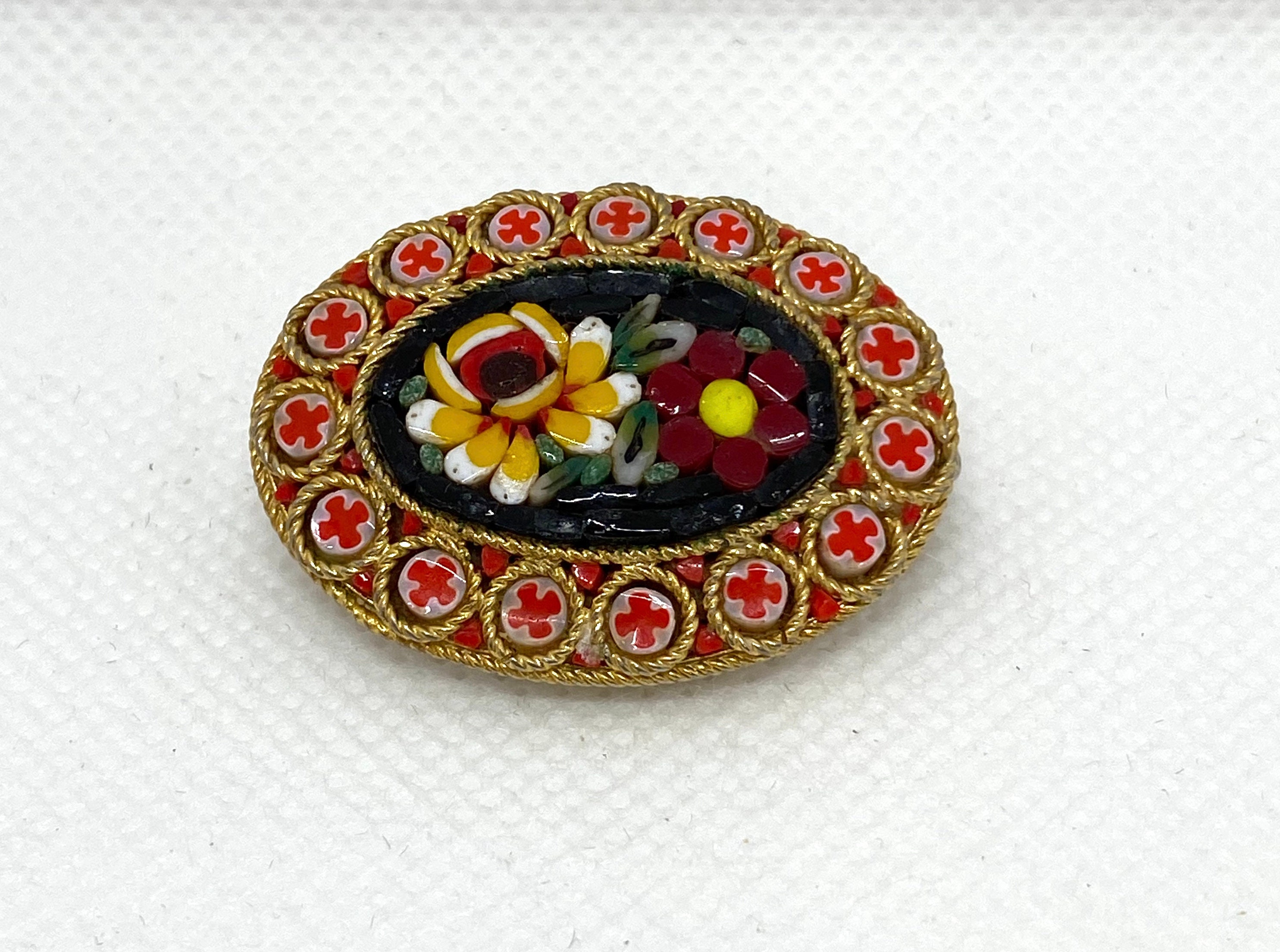 Broche Ovale Micro-mosaïque Sur Laiton - Avec Boîte Quasi Neuve - Occasion TTBE
