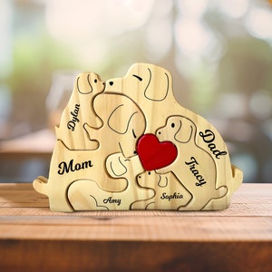 Personalized Wooden Dog Family Puzzle, Custom Engraved Dog Family Name Puzzle, Mother Day Gift, Father Day Gift, Family Gift
