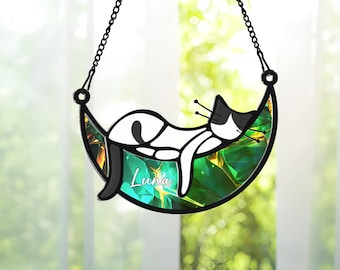 Personalized Sleeping Cat On Moon With Name Suncatcher, Handcrafted Suncatchers, Cat Memorial Gifts, Sleeping Cat on Moon Suncatcher
