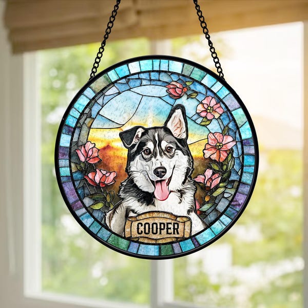 Personalized Dog Portrait Stained Glass Suncatcher, Custom Pet Memorial Stained Glass Photo Suncatcher, Dog Loss Keepsake, Pet Loss Gift