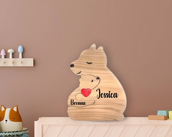 Wooden Single Mom Puzzle with Family Names, Personalized Wooden Bear Family Puzzle, Gift for Mom, Family Keepsake Gift, Mother and children