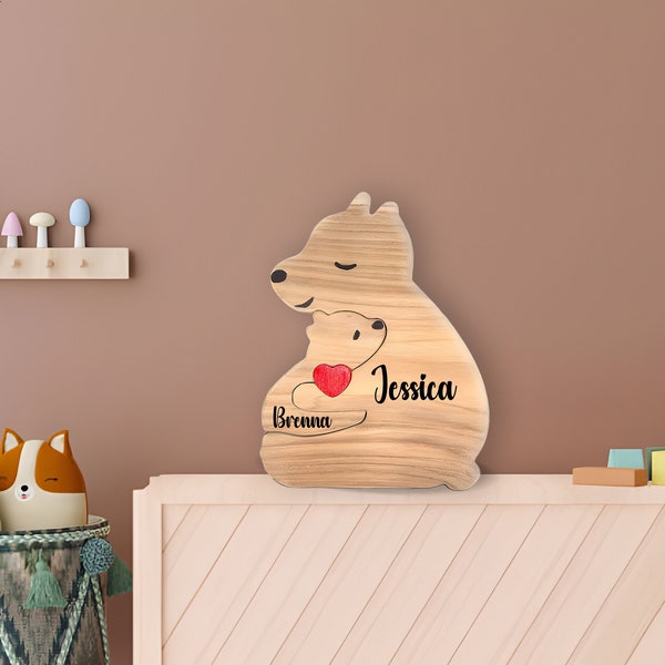 Wooden Single Mom Puzzle with Family Names, Personalized Wooden Bear Family Puzzle, Gift for Mom, Family Keepsake Gift, Mother and children