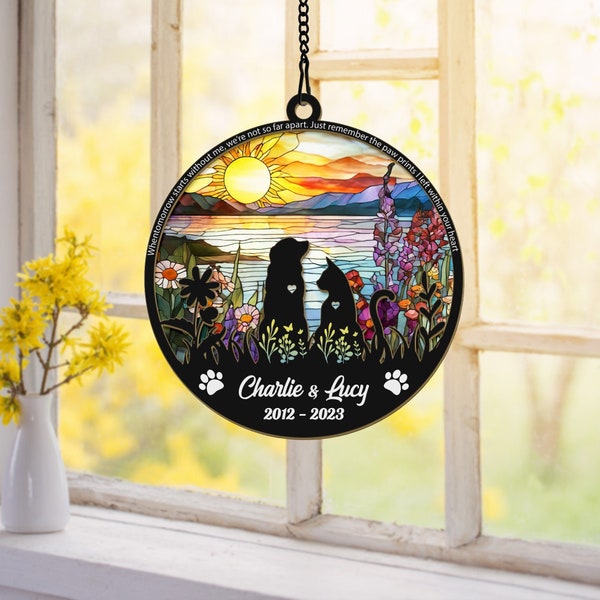 Personalized Dog and Cat Memorial Suncatcher Ornament, Custom Couple Pet Suncatcher, Loss of Pet Sympathy Gift, Gift for Dog Cat Lovers