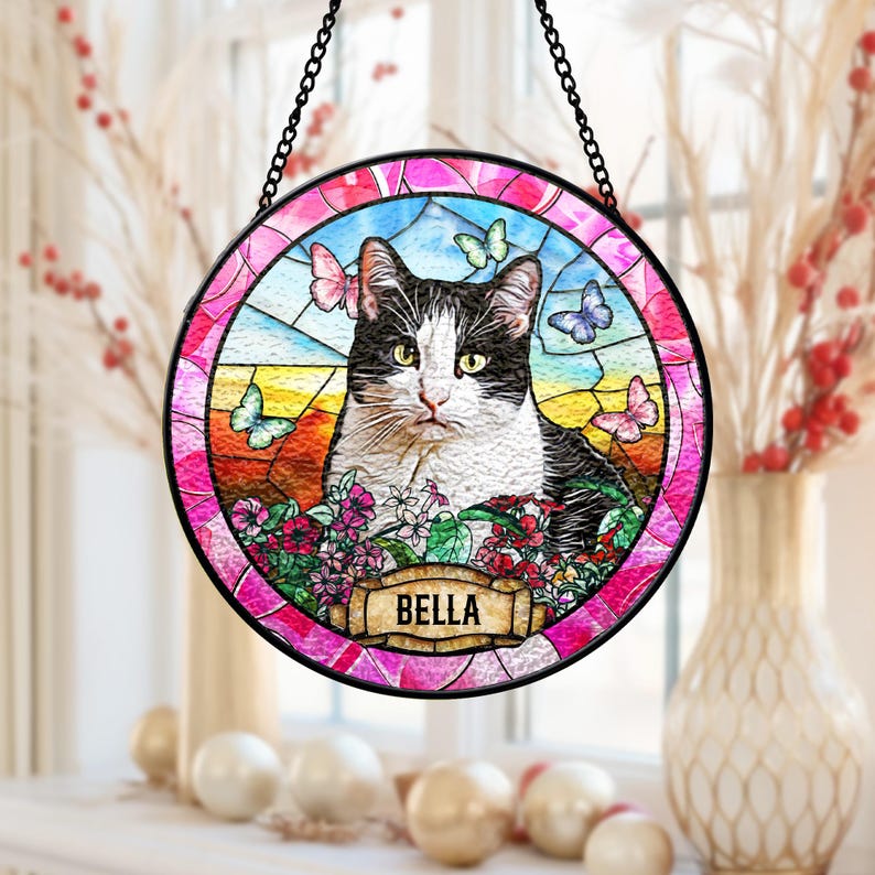Custom Pet Portrait Stained Glass Suncatcher, Personalized Cat Dog ...