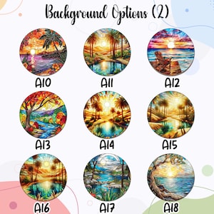 Pode incluir: Nove imagens diferentes em estilo vitral com pores do sol e paisagens. Cada imagem &eacute; circular e tem uma designa&ccedil;&atilde;o de letra e n&uacute;mero. As imagens incluem um p&ocirc;r do sol sobre o oceano, um p&ocirc;r do sol sobre um lago, um p&ocirc;r do sol sobre um rio, um p&ocirc;r do sol sobre um deserto e um p&ocirc;r do sol sobre uma floresta.