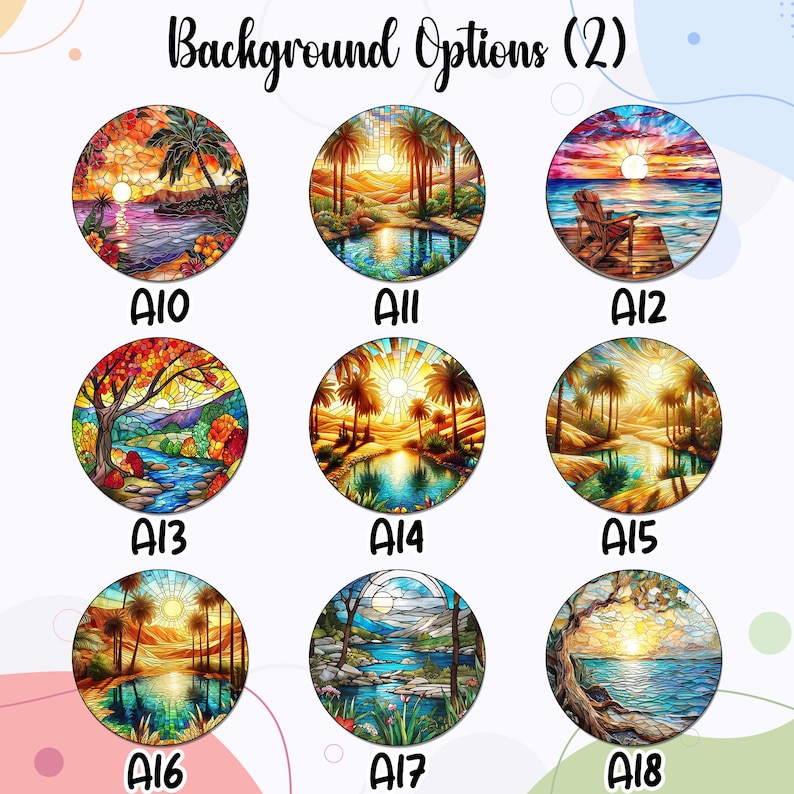 Pode incluir: Nove imagens diferentes em estilo vitral com pores do sol e paisagens. Cada imagem &eacute; circular e tem uma designa&ccedil;&atilde;o de letra e n&uacute;mero. As imagens incluem um p&ocirc;r do sol sobre o oceano, um p&ocirc;r do sol sobre um lago, um p&ocirc;r do sol sobre um rio, um p&ocirc;r do sol sobre um deserto e um p&ocirc;r do sol sobre uma floresta.