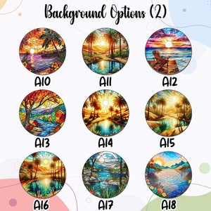 May include: Nine different stained glass style images of various landscapes. Each image is circular and features a sunset, palm trees, water, and other natural elements. The images are labelled A10 through A18.