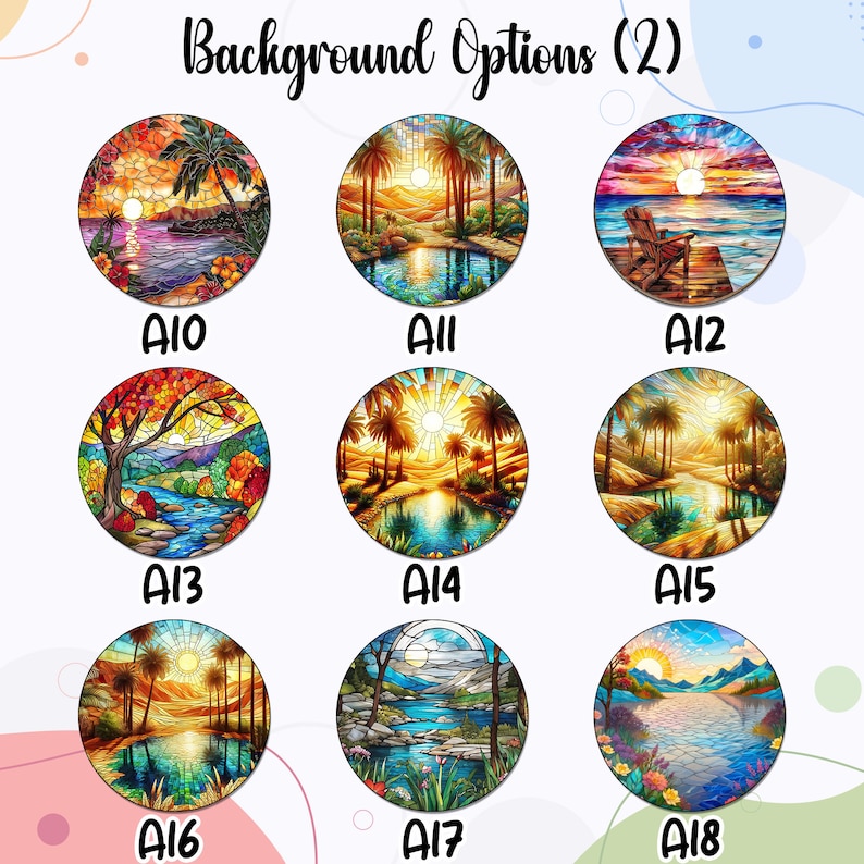 May include: Nine different stained glass style images of various landscapes. Each image is circular and features a sunset, palm trees, water, and other natural elements. The images are labelled A10 through A18.