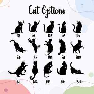 May include: A chart of 15 different black cat silhouettes in various poses. The silhouettes are labelled with letters and numbers, such as B1, B2, B3, and so on.
