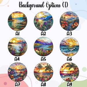 May include: Nine different stained glass style images of sunsets over water. Each image has a different scene, including mountains, palm trees, and flowers. The images are labelled A1 through A9.
