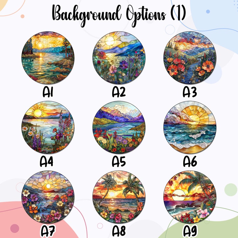 May include: Nine different stained glass style images of sunsets over water. Each image has a different scene, including mountains, palm trees, and flowers. The images are labelled A1 through A9.