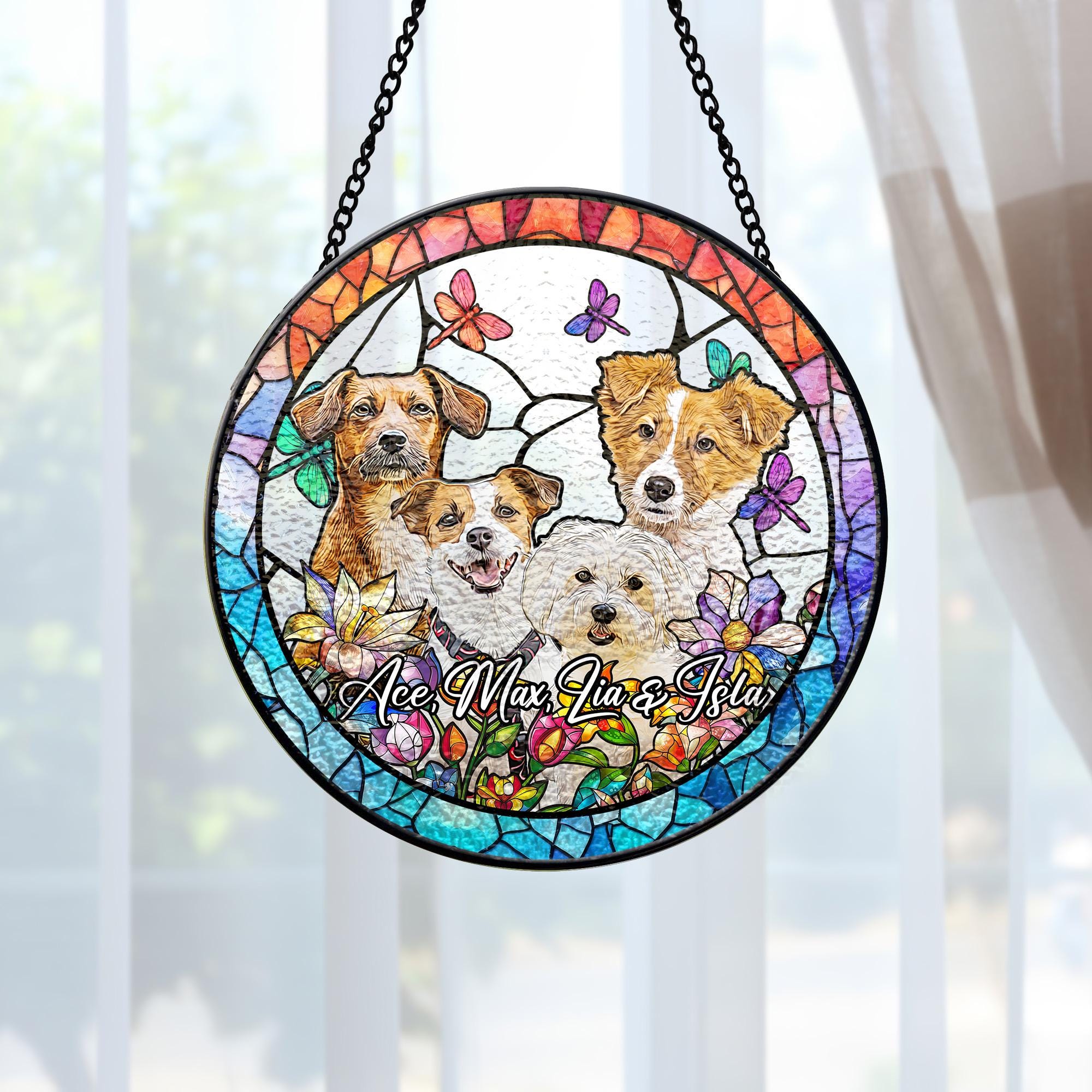 Couple Pet Memorial Stained Glass Photo Suncatcher, Custom Dog Cat Portrait Stained Glass Suncatcher, Dog Memorial Gift, Pet Loss Gift
