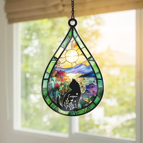 Custom Cat Memorial Suncatcher With Name And Date, Personalized Teardrop Dog Memorial Suncatcher , Engraved Cat Lovers Gifts, Cat Loss Gift