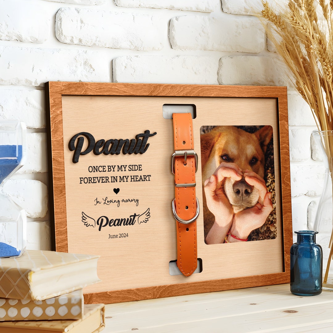 Personalized Pet Memorial Wood Frame With Collar Holder, Dog Memorial