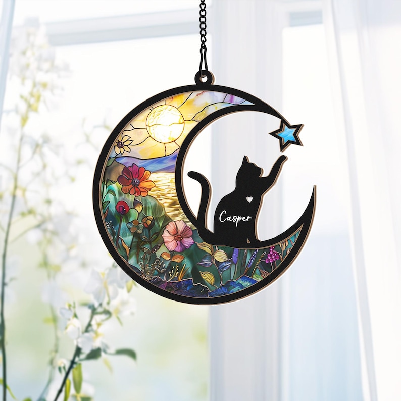 Personalized Cat Memorial With Cat Suncatcher, Custom Loss Of Cat Sympathy Gift, Pet Memorial Gift, Cat Memorial Gift, Cat Remembrance Gift image 1