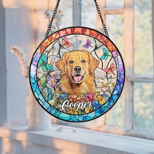 Atrapasol de vitral con retrato de perro personalizado, atrapasol con foto de vitral conmemorativo para mascotas, regalo conmemorativo para perros, regalo por la pérdida de un perro, regalo por la pérdida de una mascota