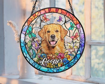 Custom Dog Portrait Stained Glass Suncatcher, Pet Memorial Stained Glass Photo Suncatcher, Dog Memorial Gift, Dog Loss, Pet Loss Gift
