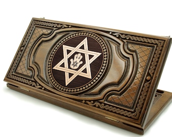 Judaica symbol Backgammon set Star of David Wooden Board Game Wood backgammon Hamsa  Miriam's hand Fatima's hand EXPRESS SHIPPING Many size