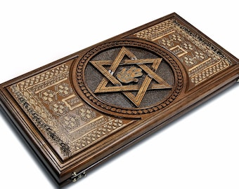 Star of David Backgammon set Wooden Board Game Wood backgammon Judaica symbol Hamsa  Miriam's hand Fatima's hand EXPRESS SHIPPING Many size