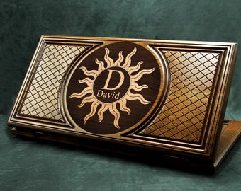 Backgammon set Sun symbol Personalized Wooden Board Game Wood gift Handmade backgammon Carved backgammon art EXPRESS SHIPPING and Many size