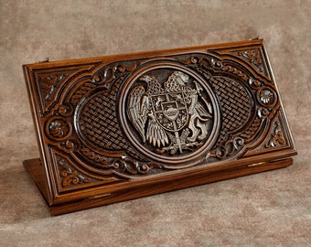 Backgammon Armenian Coat of Arms Ornament - BACKGAMMON set - BACKGAMMON Personalized Board Game -Handmade backgammon -Carved Coat of Arms