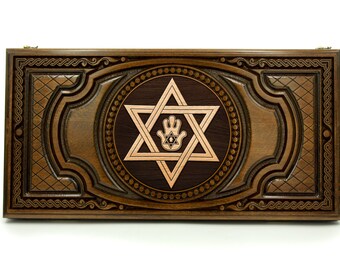 Star of David Backgammon set Wooden Board Game Wood backgammon Judaica symbol Hamsa  Miriam's hand Fatima's hand EXPRESS SHIPPING Many size