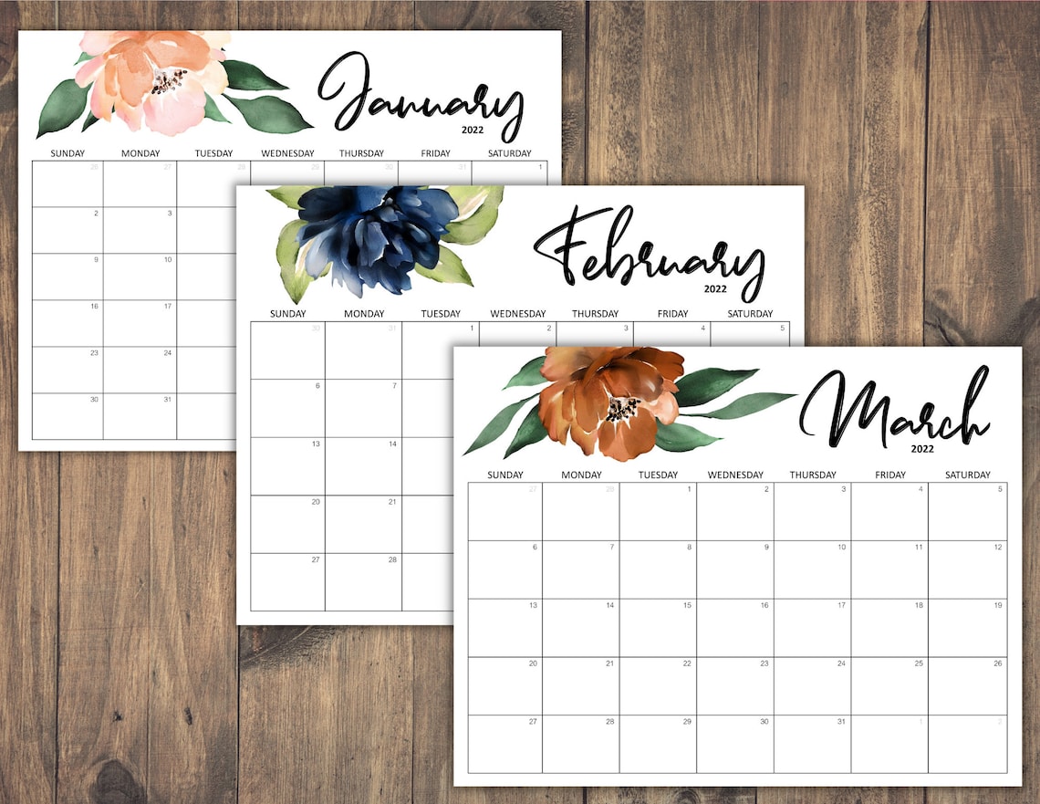 2022 calendar printable watercolor floral calendar 2022 etsy